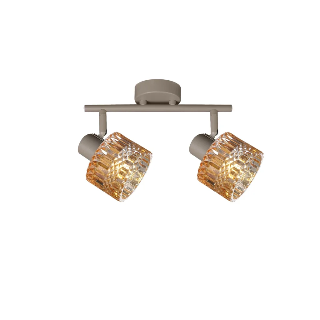 GLINT 2 G9 Ceiling Spot Light BEI in beige with amber square-cut glass shade, 2 heads, lit