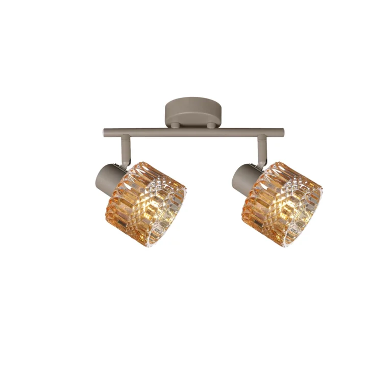 GLINT 2 G9 Ceiling Spot Light BEI in beige with amber square-cut glass shade, 2 heads, lit