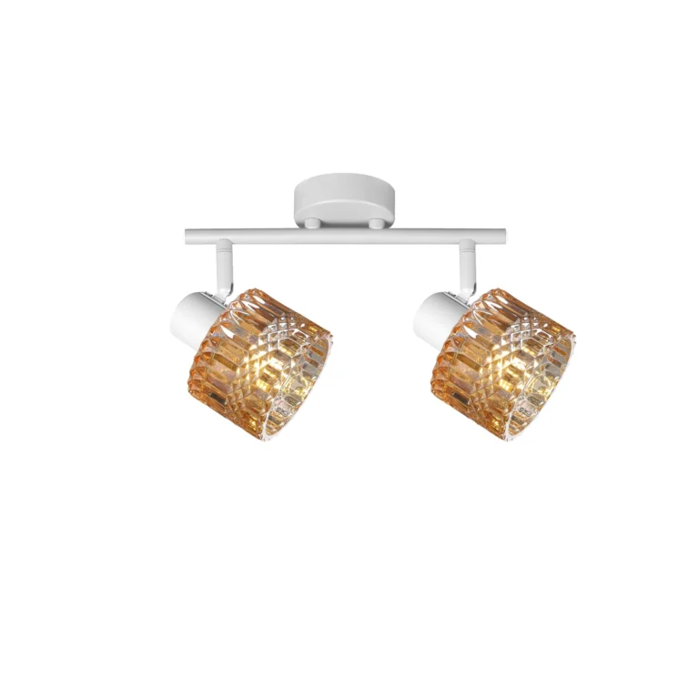 GLINT 2 G9 Ceiling Spot Light WH in sand white with amber square-cut glass shade, 2 heads, lit