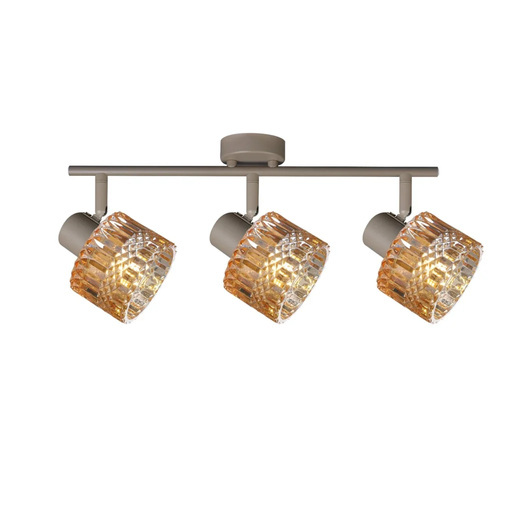 GLINT 3 G9 Ceiling Spot Light BEI in beige with amber square-cut glass shade, 3 heads, lit