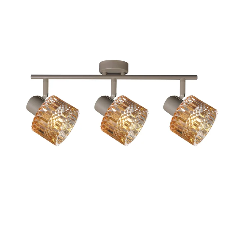 GLINT 3 G9 Ceiling Spot Light BEI in beige with amber square-cut glass shade, 3 heads, lit