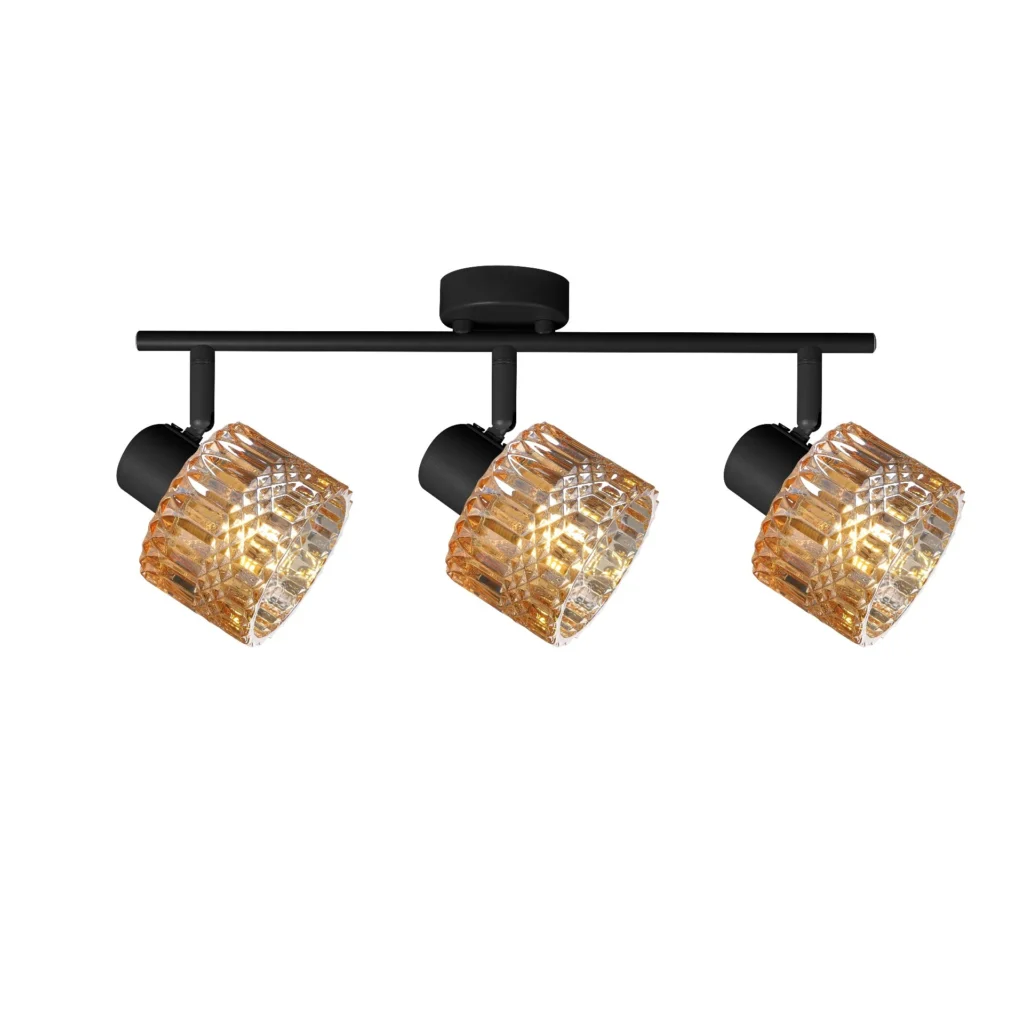 GLINT 3 G9 Ceiling Spot Light BK in sand black with amber square-cut glass shade, 3 heads, lit