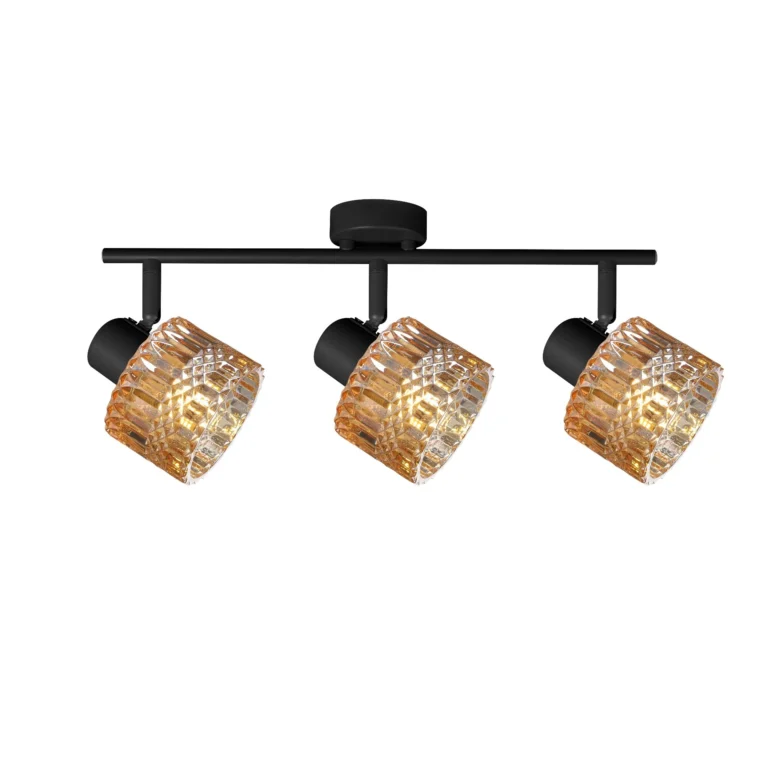 GLINT 3 G9 Ceiling Spot Light BK in sand black with amber square-cut glass shade, 3 heads, lit
