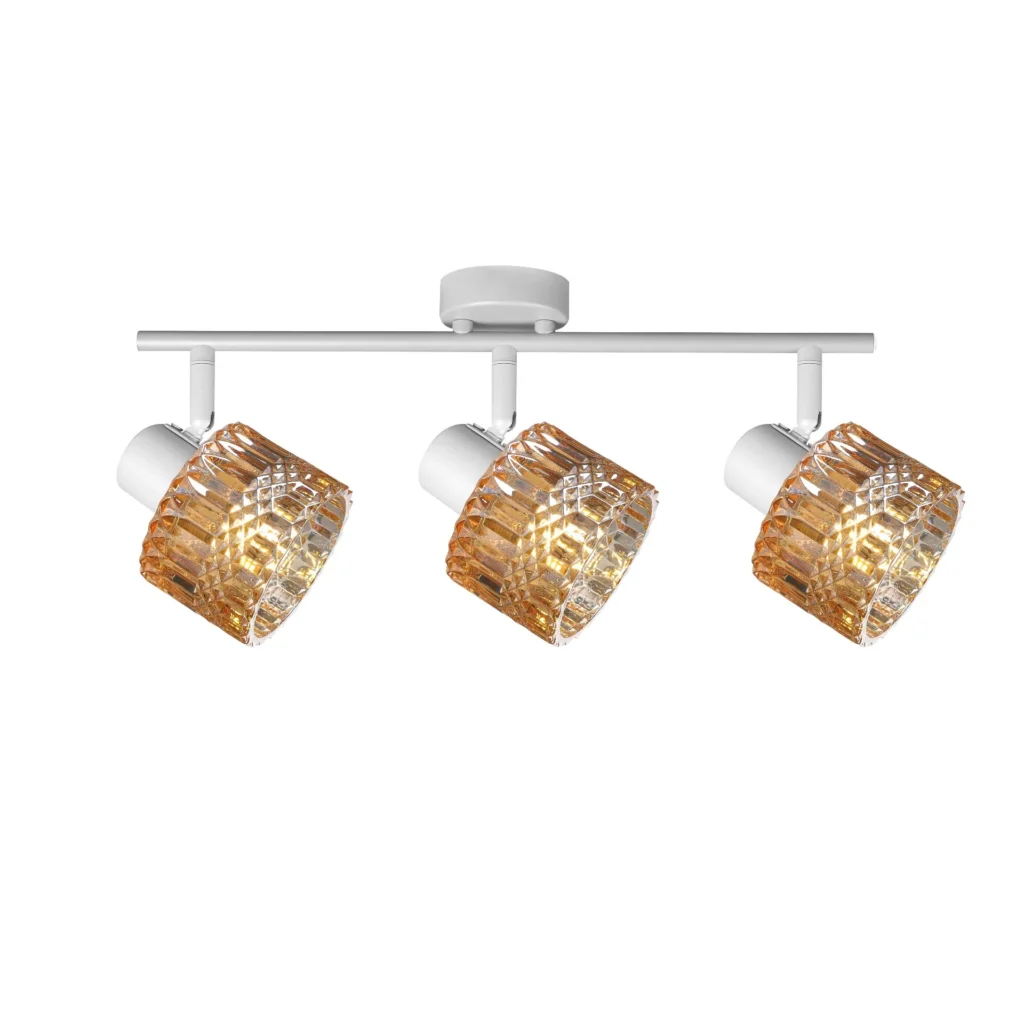 GLINT 3 G9 Ceiling Spot Light WH in sand white with amber square-cut glass shade, 3 heads, lit