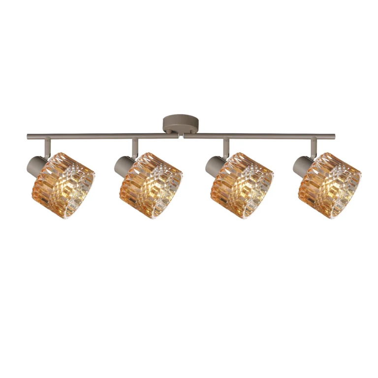 GLINT 4 G9 Ceiling Spot Light BEI in beige with amber square-cut glass shade, 4 heads, lit