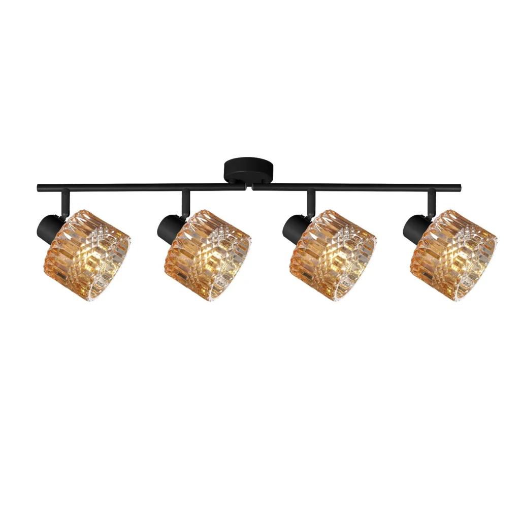 GLINT 4 G9 Ceiling Spot Light BK in sand black with amber square-cut glass shade, 4 heads, lit