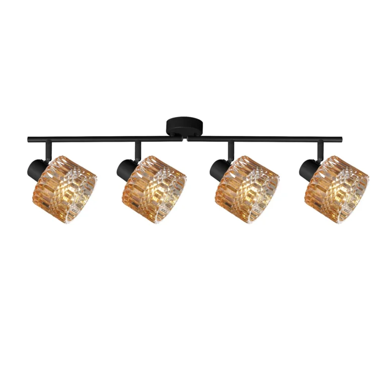 GLINT 4 G9 Ceiling Spot Light BK in sand black with amber square-cut glass shade, 4 heads, lit