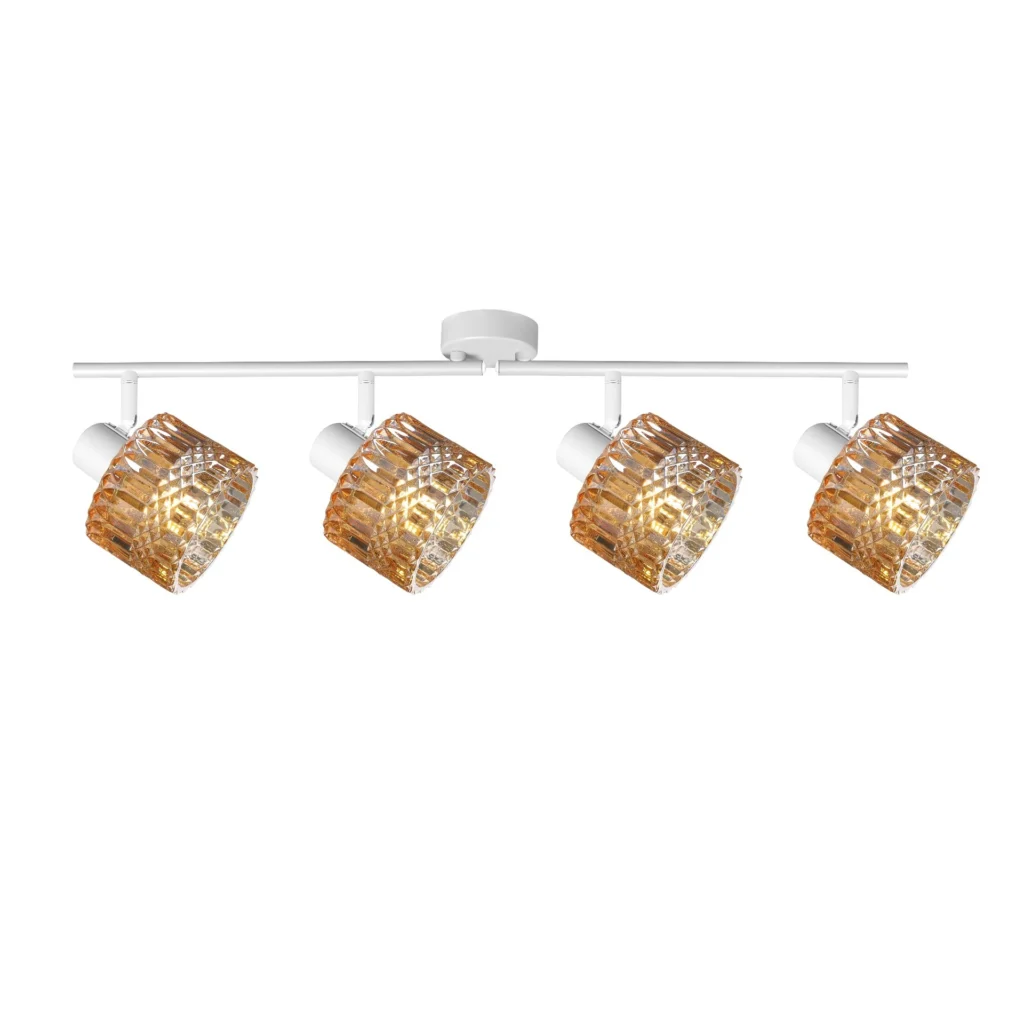 GLINT 4 G9 Ceiling Spot Light WH in sand white with amber square-cut glass shade, 4 heads, lit