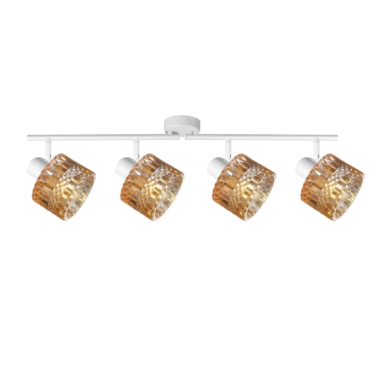 GLINT 4 G9 Ceiling Spot Light WH in sand white with amber square-cut glass shade, 4 heads, lit