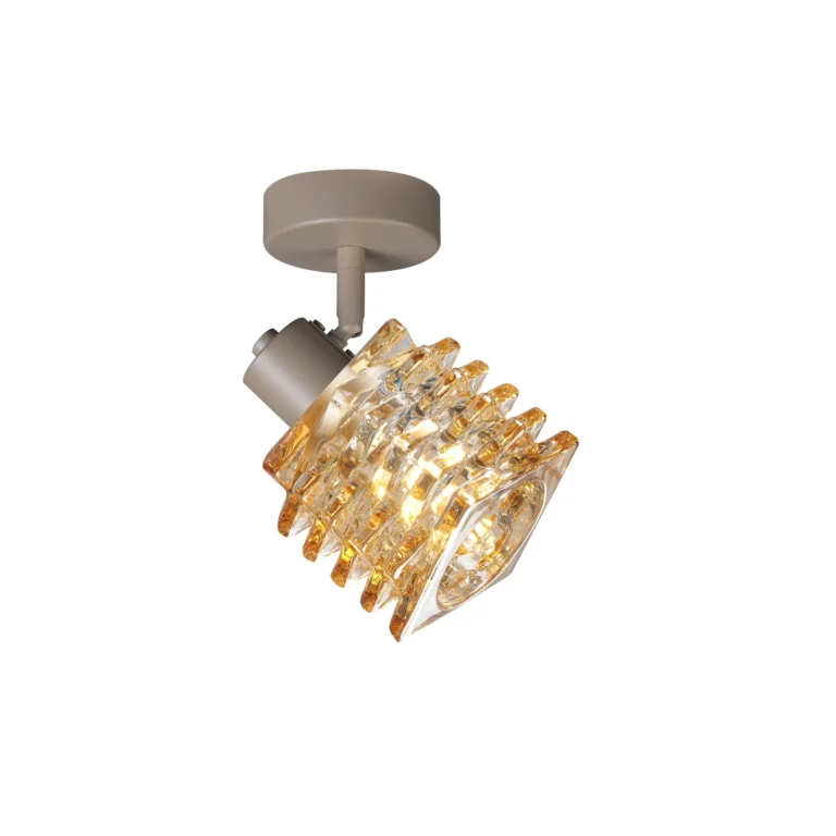 HELIX 1 G9 Ceiling Spot Light BEI in beige with twisted amber glass shade, 1 head, lit