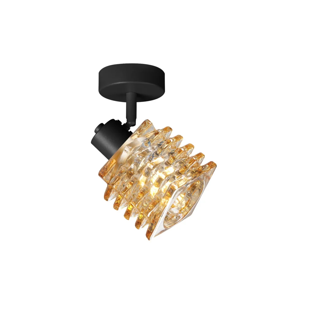 HELIX 1 G9 Ceiling Spot Light BK in sand black with twisted amber glass shade, 1 head, lit