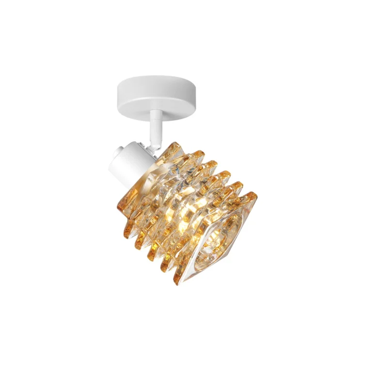 HELIX 1 G9 Ceiling Spot Light WH in sand white with twisted amber glass shade, 1 head, lit