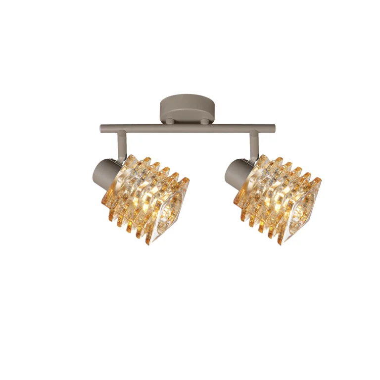 HELIX 2 G9 Ceiling Spot Light BEI in beige with twisted amber glass shade, 2 heads, lit