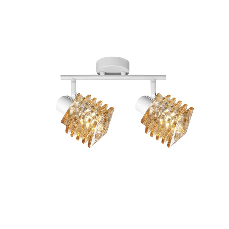 HELIX 2 G9 Ceiling Spot Light WH in sand white with twisted amber glass shade, 2 heads, lit