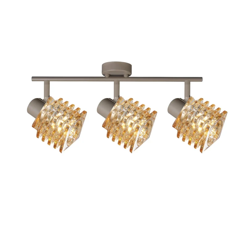 HELIX 3 G9 Ceiling Spot Light BEI in beige with twisted amber glass shade, 3 heads, lit