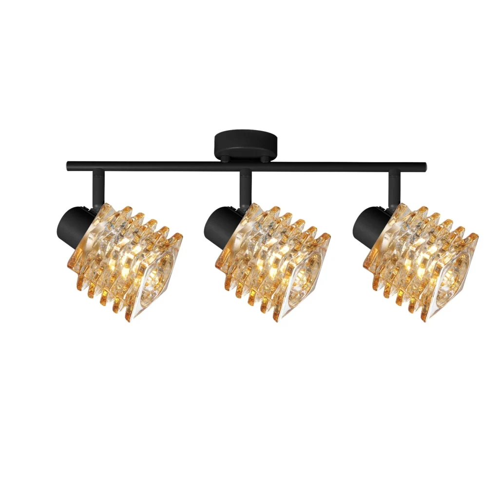 HELIX 3 G9 Ceiling Spot Light BK in sand black with twisted amber glass shade, 3 heads, lit