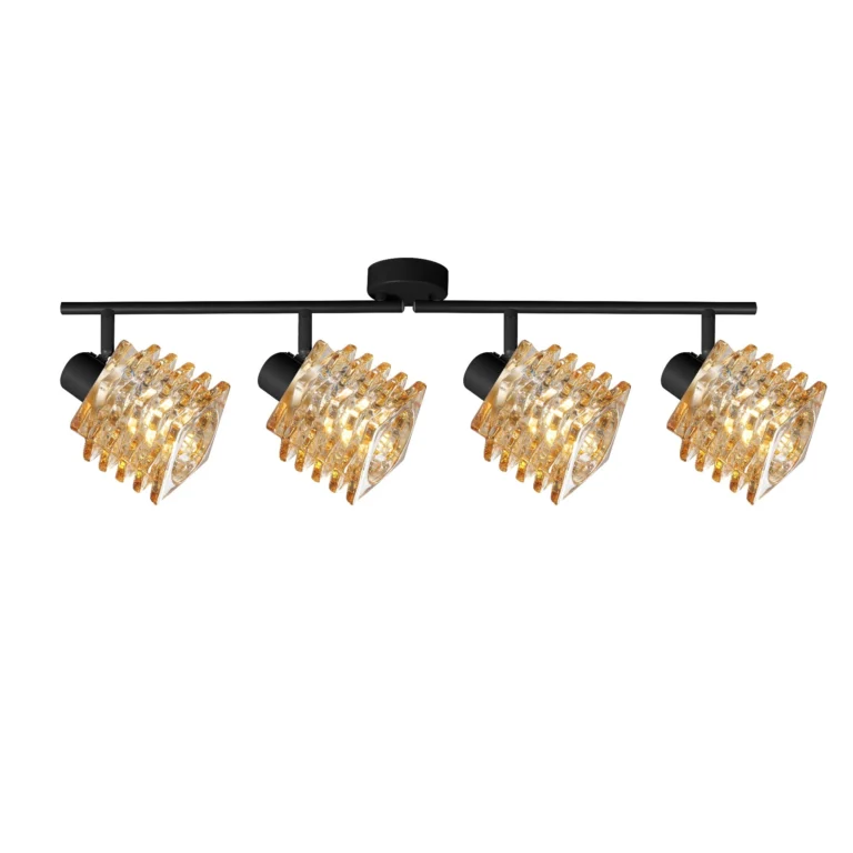 HELIX 4 G9 Ceiling Spot Light BK in sand black with twisted amber glass shade, 4 heads, lit