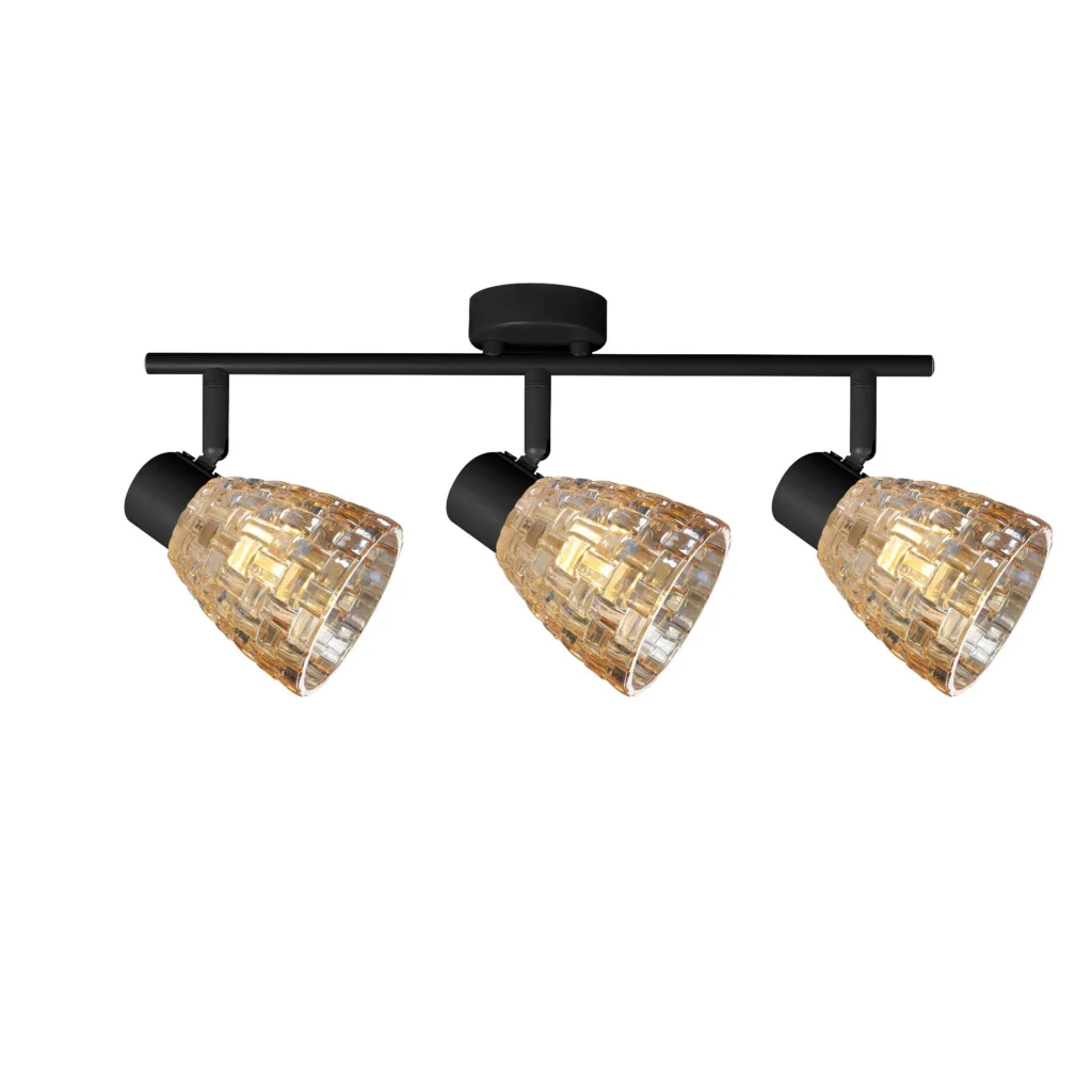 MOSAIC 3 E14 Ceiling Spot Light BK in sand black with amber mosaic crystal shade, 3 heads, lit