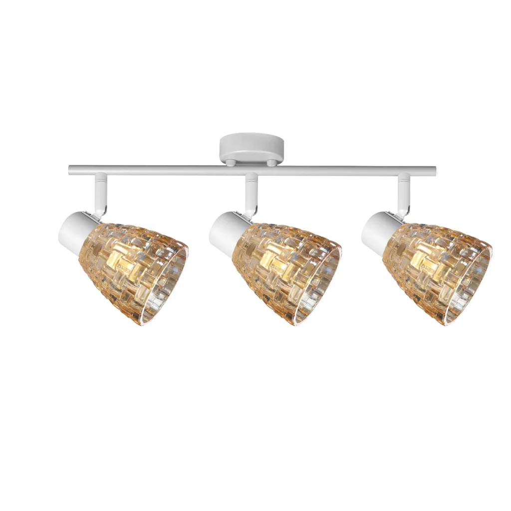 MOSAIC 3 E14 Ceiling Spot Light WH in sand white with amber mosaic crystal shade, 3 heads, lit