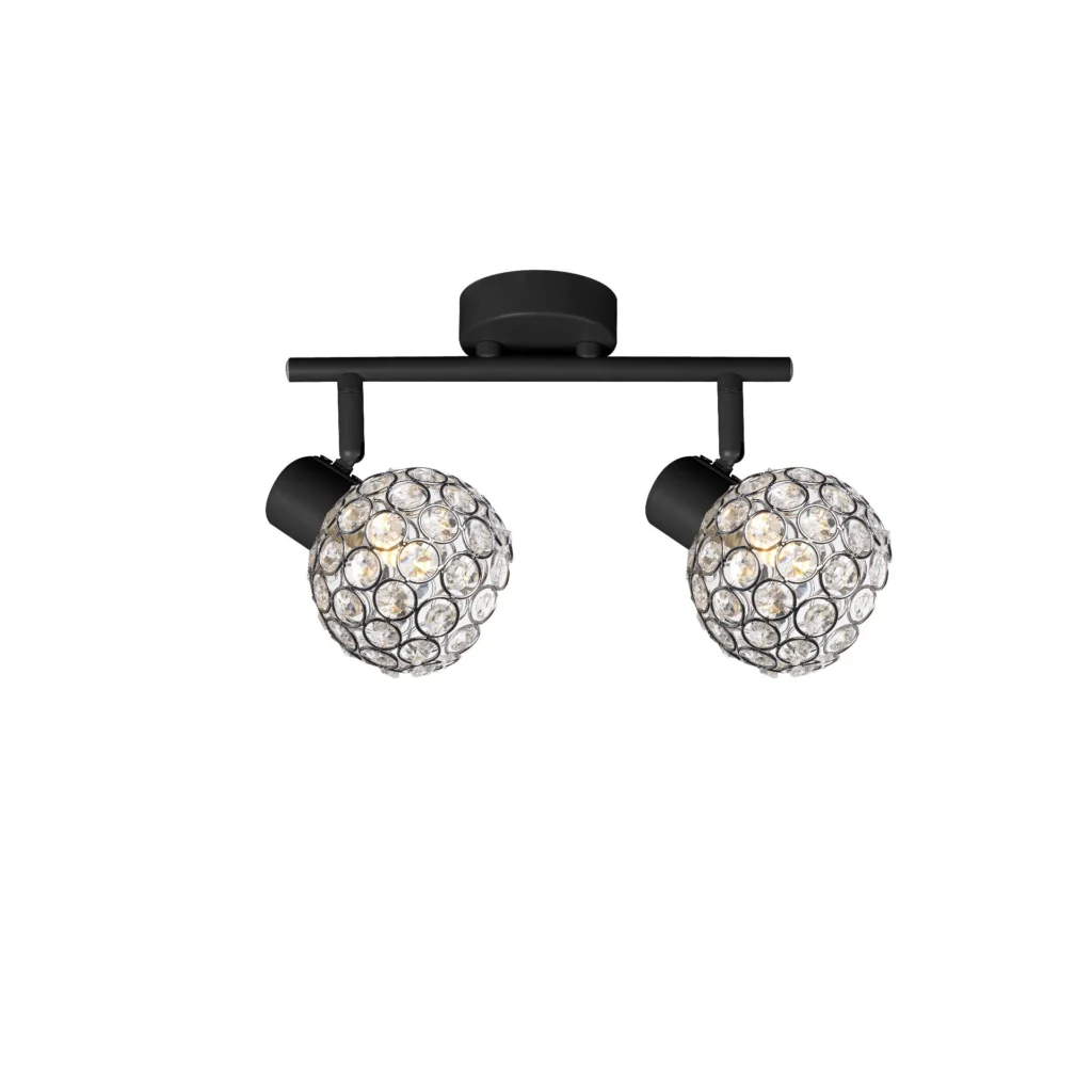 ORB 2 E14 Ceiling Spot Light BK in sand black with crystal ball shade, 2 heads, lit