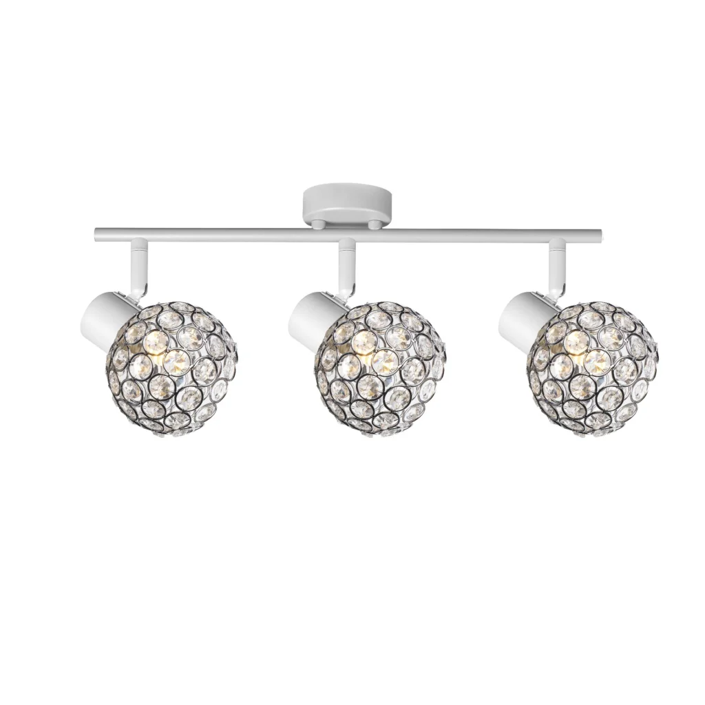 ORB 3 E14 Ceiling Spot Light WH in sand white with crystal ball shade, 3 heads, lit