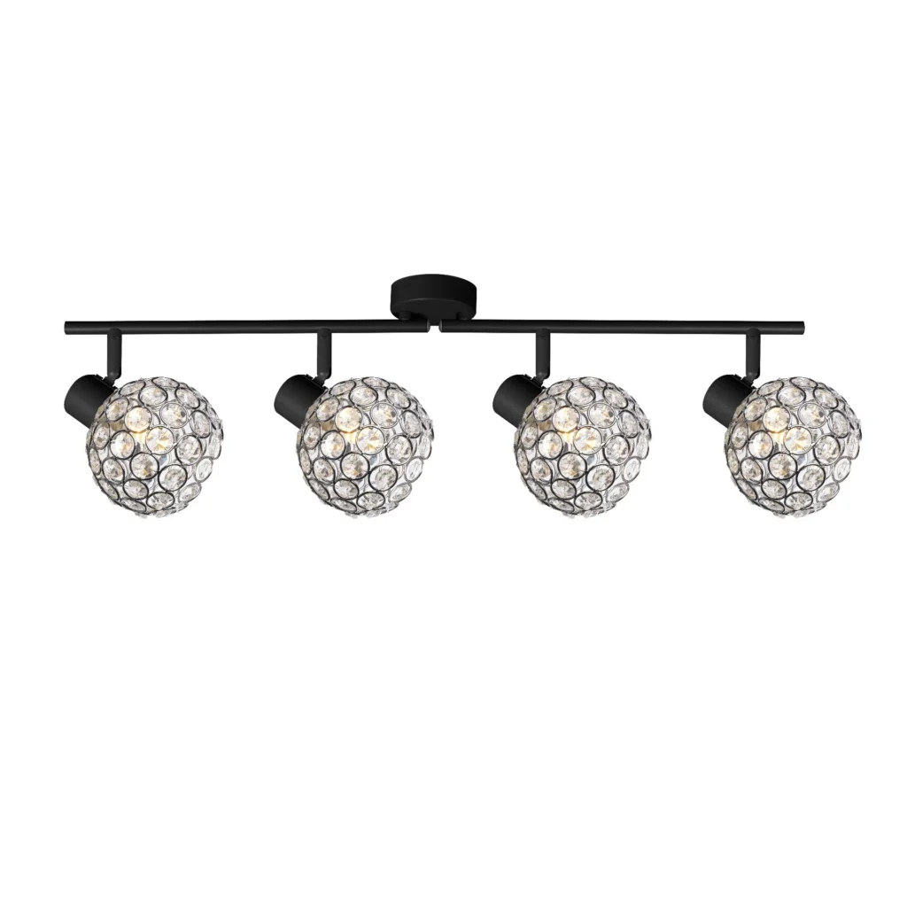 ORB 4 E14 Ceiling Spot Light BK in sand black with crystal ball shade, 4 heads, lit