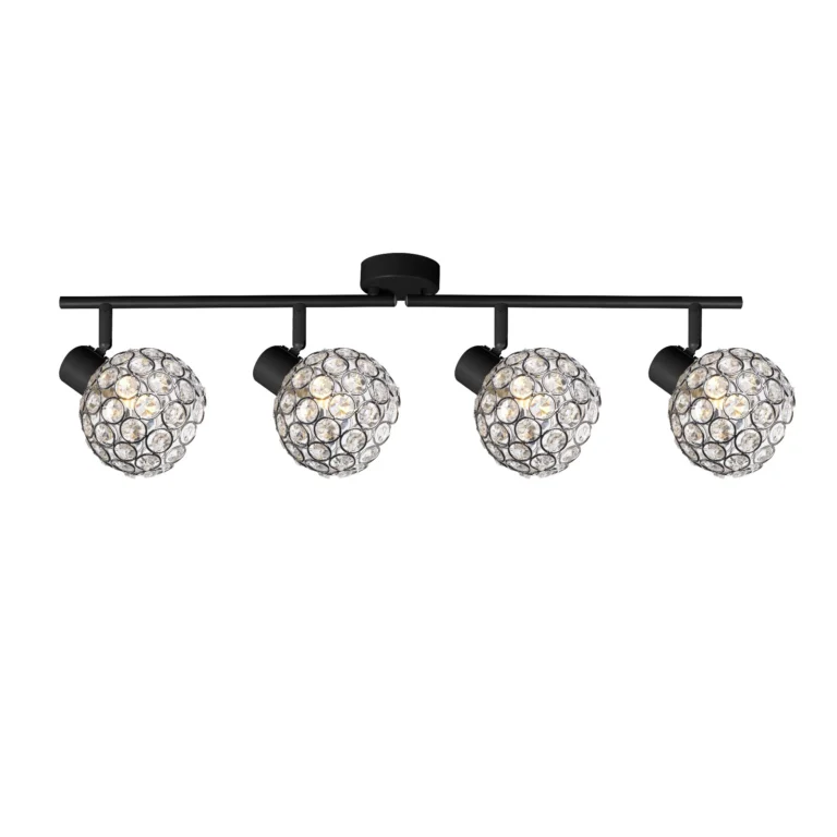 ORB 4 E14 Ceiling Spot Light BK in sand black with crystal ball shade, 4 heads, lit
