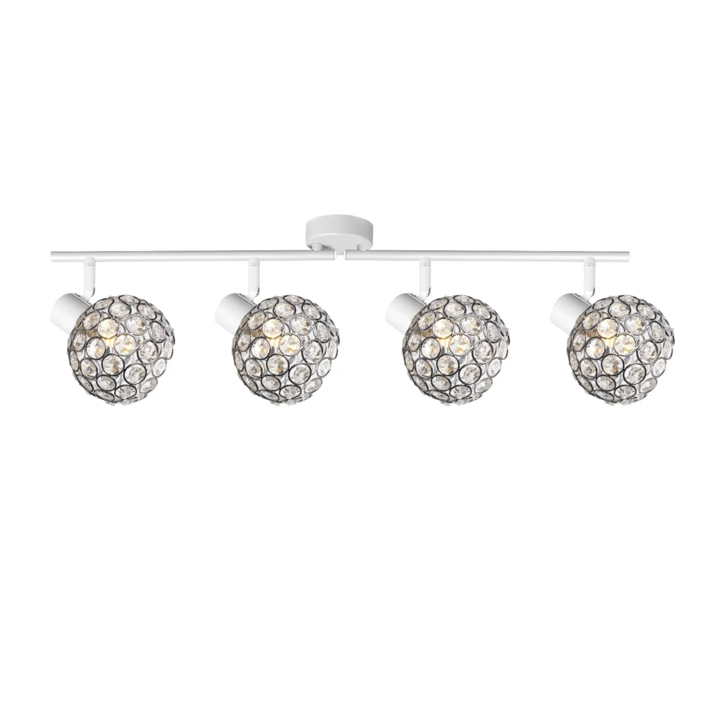 ORB 4 E14 Ceiling Spot Light WH in sand white with crystal ball shade, 4 heads, lit