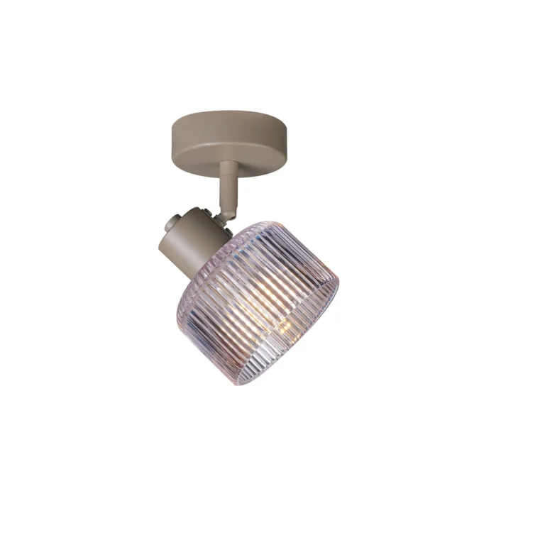 REED 1 G9 Ceiling Spot Light BEI in beige with clear ribbed glass shade, 1 head, lit