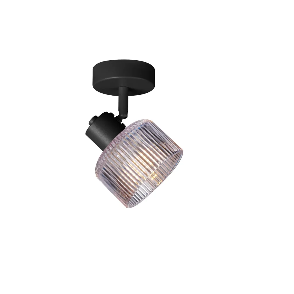 REED 1 G9 Ceiling Spot Light BK in sand black with clear ribbed glass shade, 1 head, lit