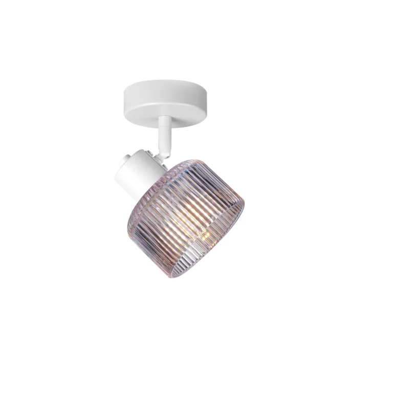 REED 1 G9 Ceiling Spot Light WH in sand white with clear ribbed glass shade, 1 head, lit