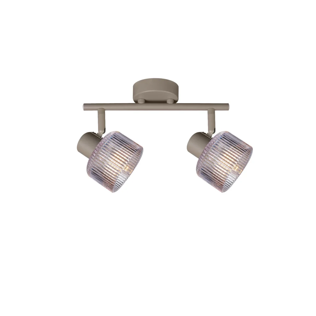REED 2 G9 Ceiling Spot Light BEI in beige with clear ribbed glass shade, 2 heads, lit