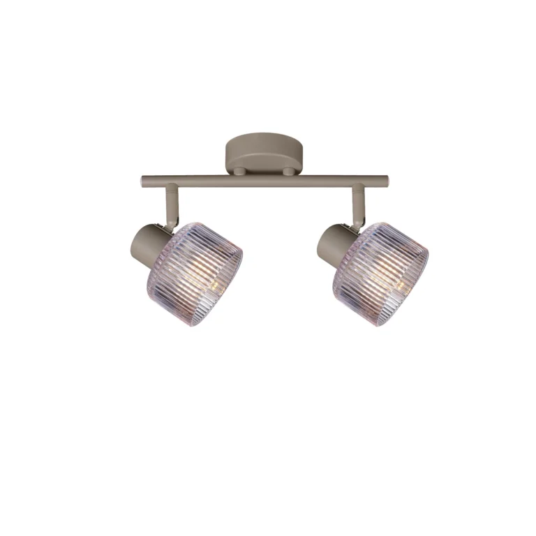 REED 2 G9 Ceiling Spot Light BEI in beige with clear ribbed glass shade, 2 heads, lit