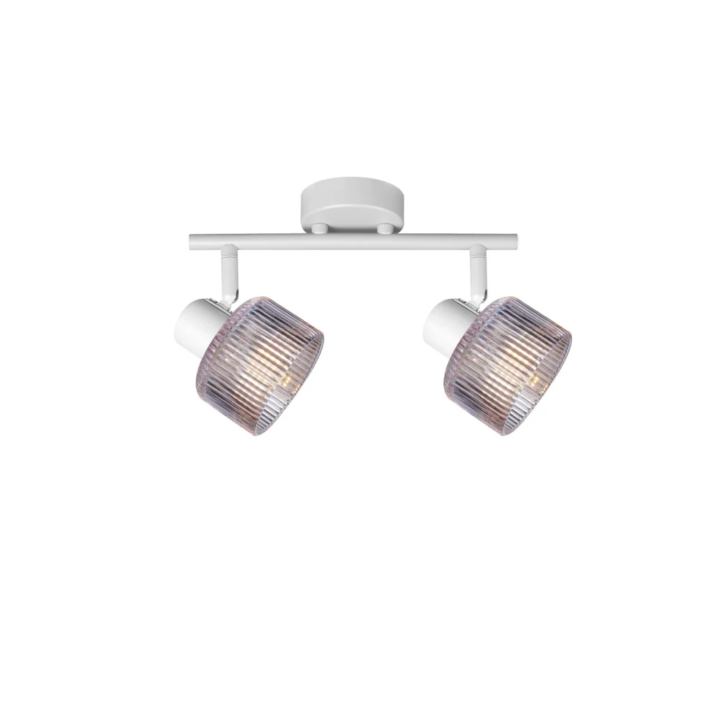 REED 2 G9 Ceiling Spot Light WH in sand white with clear ribbed glass shade, 2 heads, lit