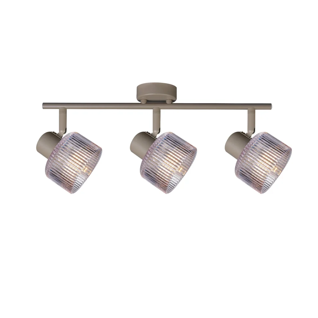 REED 3 G9 Ceiling Spot Light BEI in beige with clear ribbed glass shade, 3 heads, lit