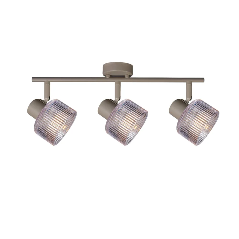 REED 3 G9 Ceiling Spot Light BEI in beige with clear ribbed glass shade, 3 heads, lit