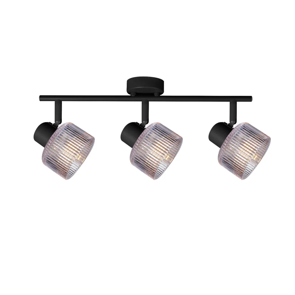 REED 3 G9 Ceiling Spot Light BK in sand black with clear ribbed glass shade, 3 heads, lit