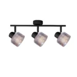 REED 3 G9 Ceiling Spot Light BK in sand black with clear ribbed glass shade, 3 heads, lit