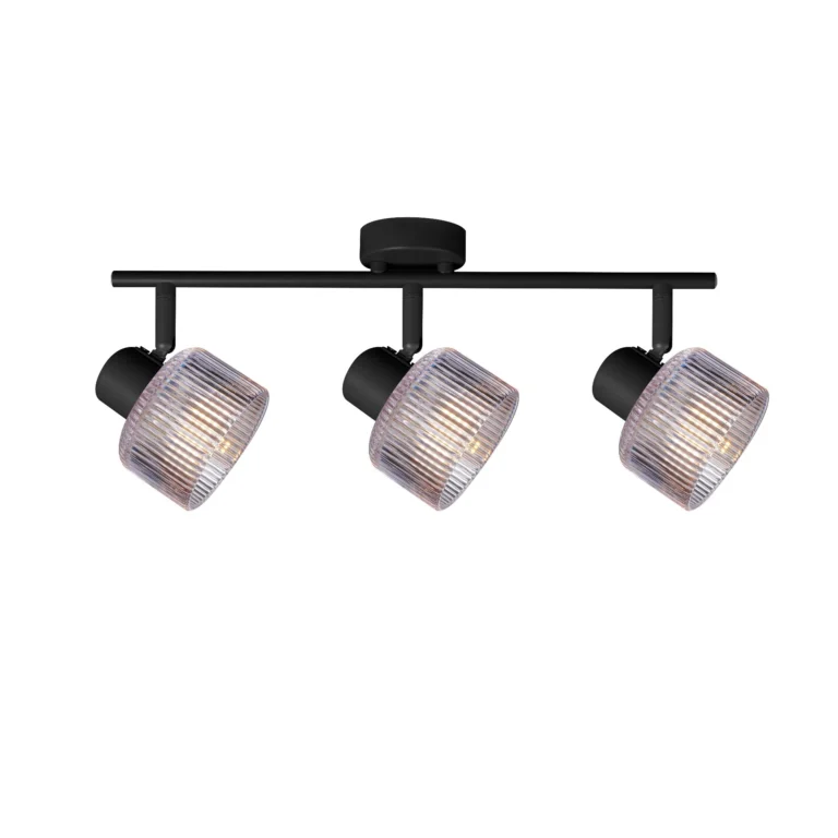 REED 3 G9 Ceiling Spot Light BK in sand black with clear ribbed glass shade, 3 heads, lit