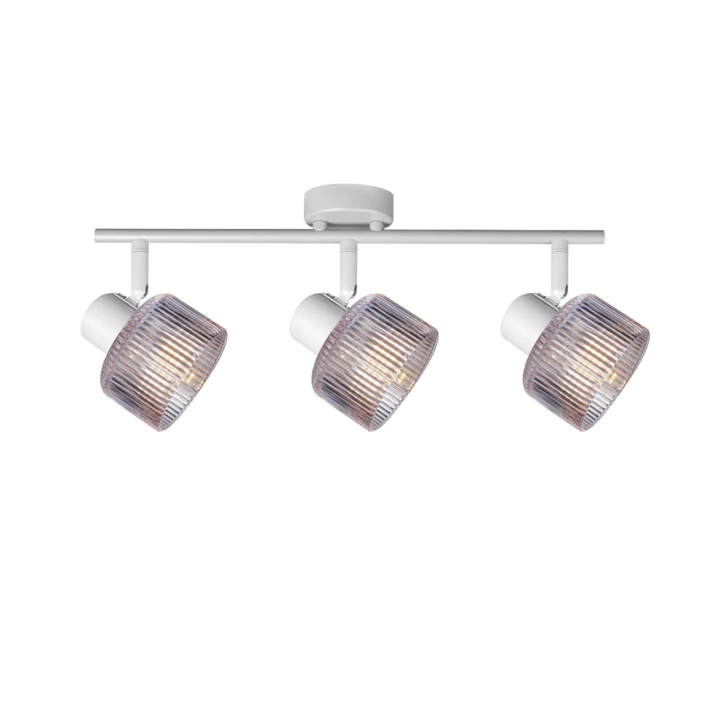 REED 3 G9 Ceiling Spot Light WH in sand white with clear ribbed glass shade, 3 heads, lit