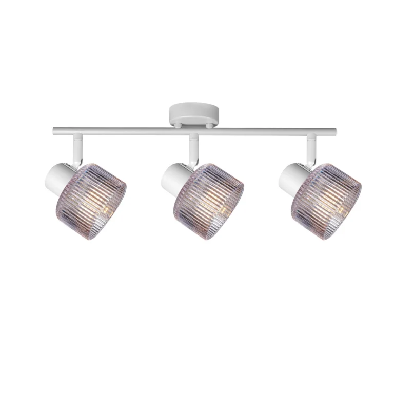 REED 3 G9 Ceiling Spot Light WH in sand white with clear ribbed glass shade, 3 heads, lit