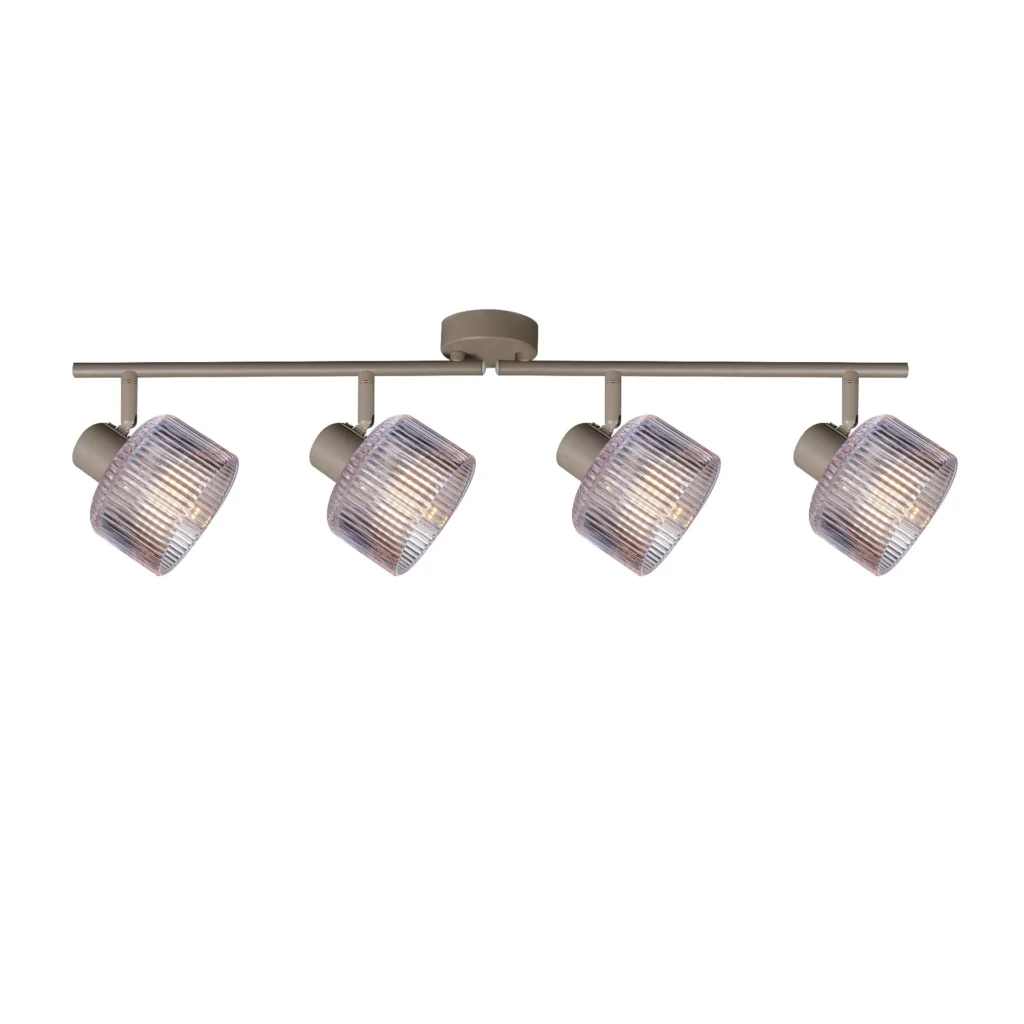 REED 4 G9 Ceiling Spot Light BEI in beige with clear ribbed glass shade, 4 heads, lit