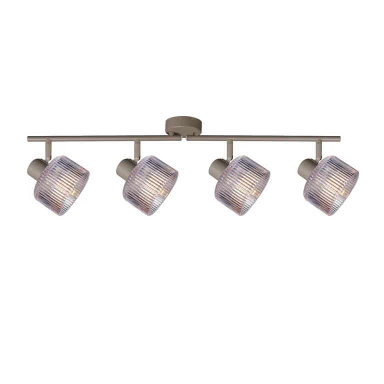 REED 4 G9 Ceiling Spot Light BEI in beige with clear ribbed glass shade, 4 heads, lit
