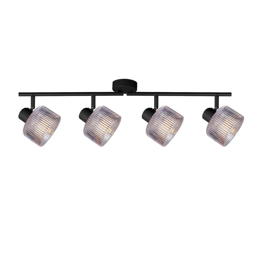 REED 4 G9 Ceiling Spot Light BK in sand black with clear ribbed glass shade, 4 heads, lit