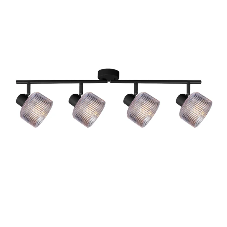 REED 4 G9 Ceiling Spot Light BK in sand black with clear ribbed glass shade, 4 heads, lit