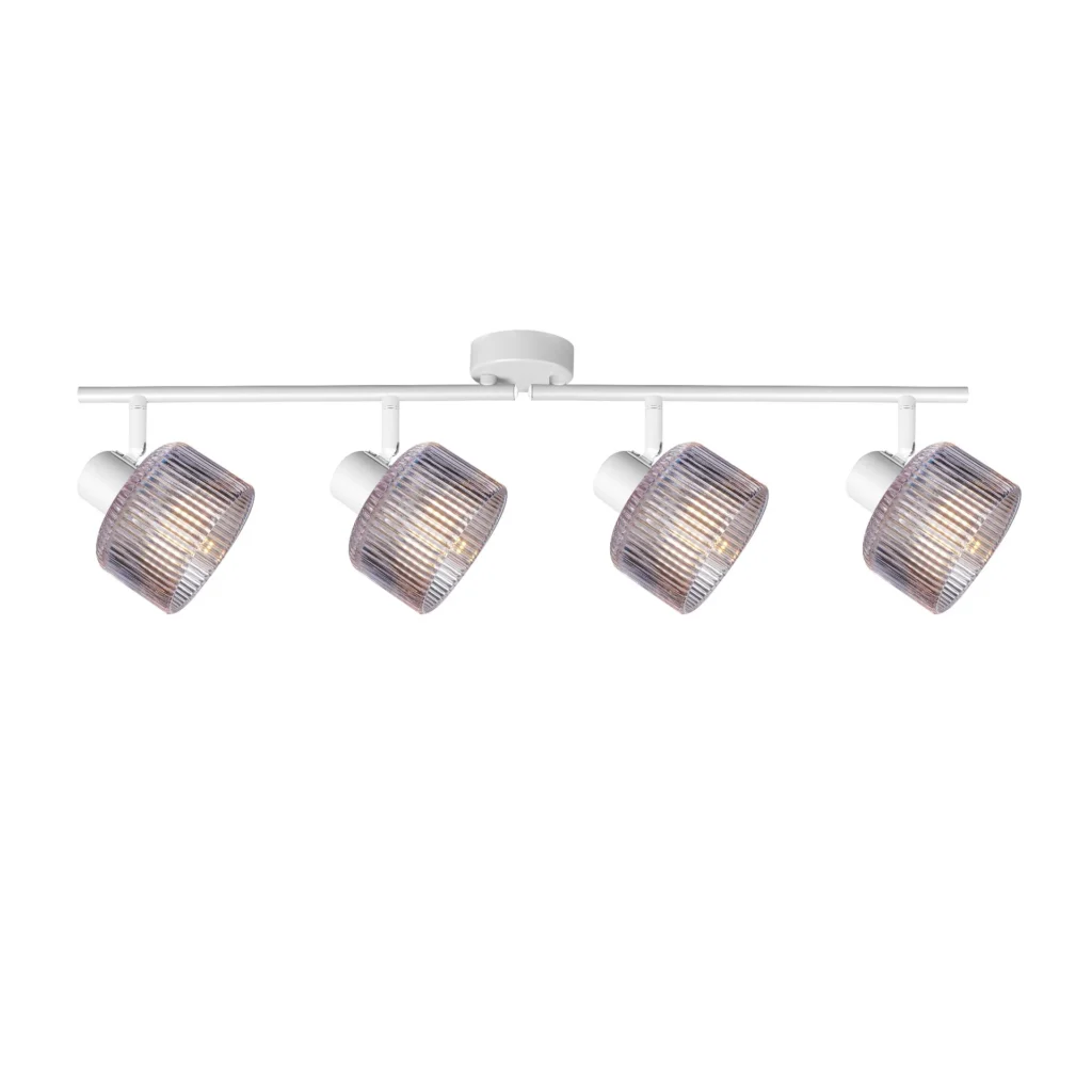 REED 4 G9 Ceiling Spot Light WH in sand white with clear ribbed glass shade, 4 heads, lit