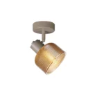 TWINE 1 E14 ceiling spot light in beige with amber ribbed glass drum shade, 1 head, lit