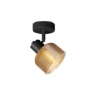 TWINE 1 E14 ceiling spot light in sand black with amber ribbed glass drum shade, 1 head, lit
