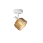 TWINE 1 E14 ceiling spot light in sand white with amber ribbed glass drum shade, 1 head, lit