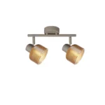 TWINE 2 E14 ceiling spot light in beige with amber ribbed glass drum shade, 2 heads, lit